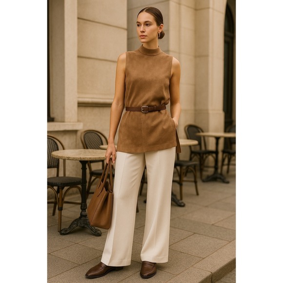 Vince Camuto Suede-Like Taupe Mock Neck Sleeveless Tunic Top Minimalist Chic L - Picture 1 of 12